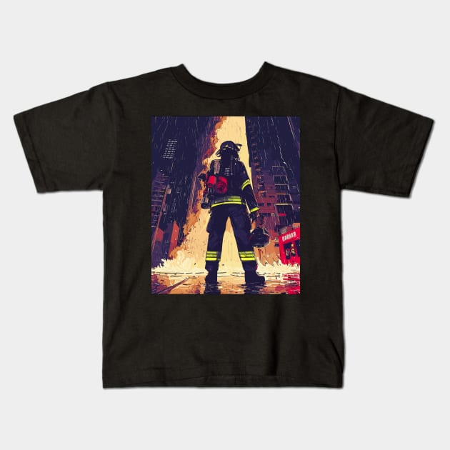 Fire - Anime firefighter fireman in a rainy city Kids T-Shirt by TomFrontierArt